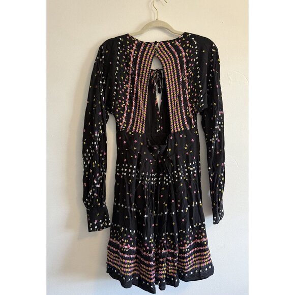 Free People Coryn Black print Long Sleeve Mini Dress Size 8 Bohemian - Picture 2 of 8